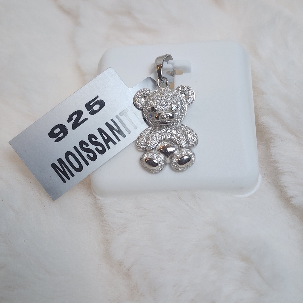 925 Sterling Silver 0.75ctw Moissanite Teddy Bear Charm Pendant